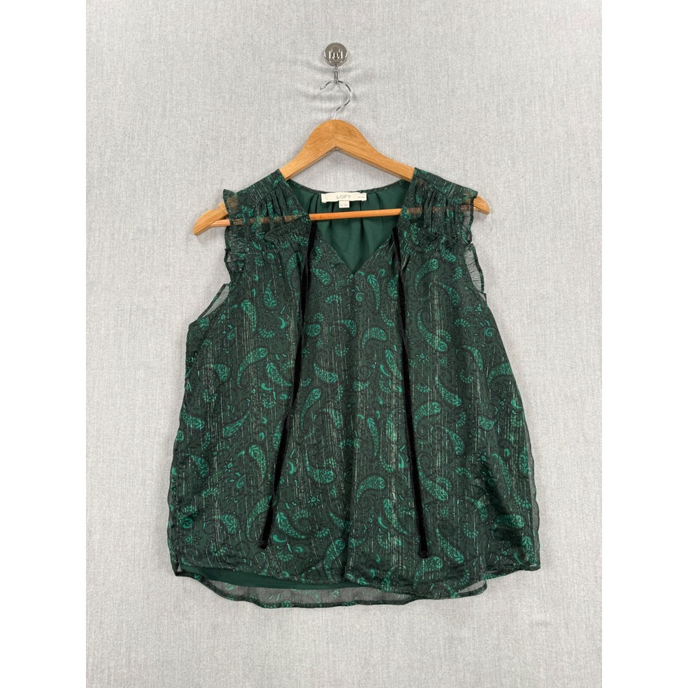 Loft Petites Green Paisley Metallic Sleeveless V-Neck‎ Velvet Tie Blouse MP